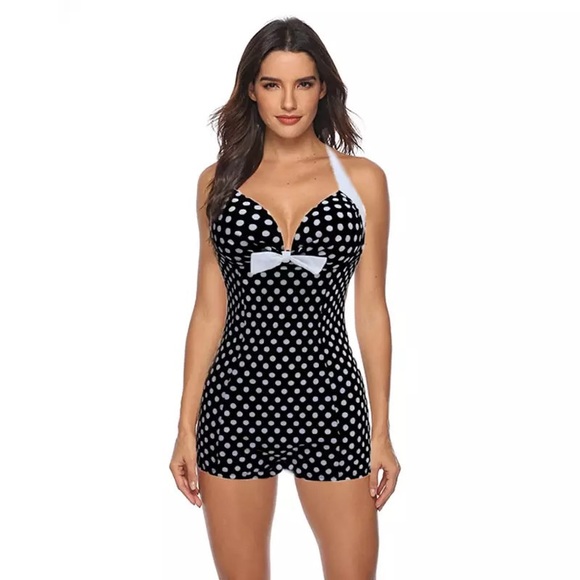 Other - Vintage Pinup Black & White Polkadot Boy Shorts Swimsuit